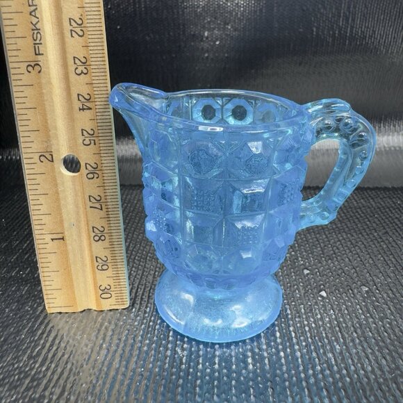 Vintage Kemple Blue Waffle Button Glass 2oz Creamer Small Glass Jug Pitcher VTG - Picture 2 of 10
